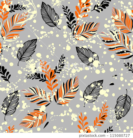 Orange black leaves seamless pattern. hand drawing. Not AI, Vector illustration 115080727