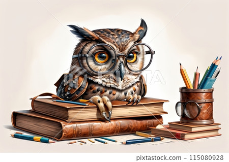cute owl in glasses with books 115080928