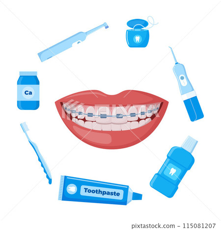 Braces Corrective Orthodontics, smiling female mouth with healthy teeth and braces. Dental cleaning tools. Oral care and hygiene products. Healthy smile. Dentistry, dental treatment, orthodontics. Braces Corrective Orthodontics, smiling female mouth with healthy teeth and braces. Dental cleaning tools. Oral care and hygiene products. Healthy smile. Dentistry, dental treatment, orthodontics. 115081207