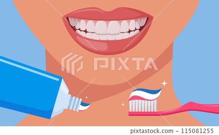 Toothbrush with paste and tube of toothpaste. Beautiful smiling mouth with healthy teeth. Substance used on a brush for cleaning teeth. Dental and oral care concept. Teeth hygiene. Vector. Toothbrush with paste and tube of toothpaste. Beautiful smiling mouth with healthy teeth. Substance used on a brush for cleaning teeth. Dental and oral care concept. Teeth hygiene. Vector. 115081255
