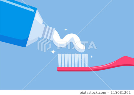 Toothbrush with paste and tube of toothpaste. Substance used on a brush for cleaning teeth. Dental and oral care concept. Teeth hygiene. Vector illustration. 115081261
