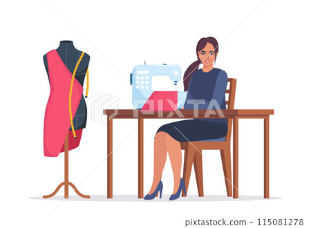 Female dressmaker or seamstress working on sewing machine. Smiling woman sewing sitting on table. Fashion designer at workplace. Young woman using sewing machine. Tailor with a mannequin. Vector. 115081278