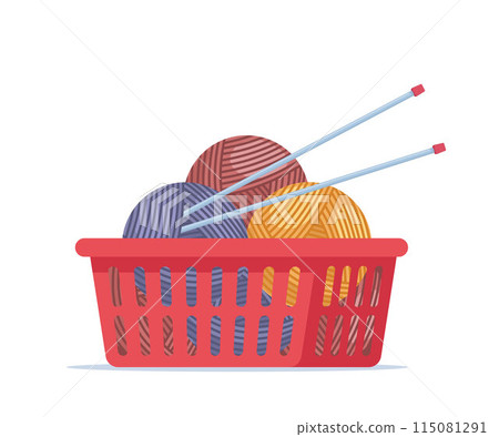 Balls of yarn with knitting needles. Clews, skeins of wool. Tools for knitwork, handicraft, crocheting, hand-knitting. Female hobby. Vector. Balls of yarn with knitting needles. Clews, skeins of wool. Tools for knitwork, handicraft, crocheting, hand-knitting. Female hobby. Vector. 115081291