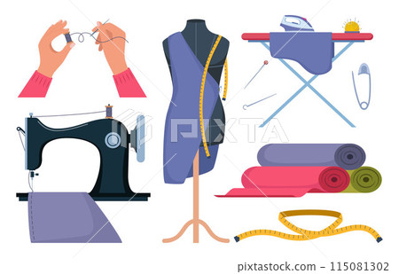 Tailors accessories, supplies and equipment to sew cloth. Dressmaking collection with thread rolls, button, needles, zipper, sewing machine, mannequin, scissors, iron. Tailoring studio. 115081302
