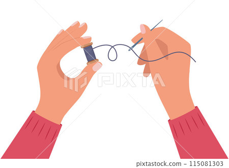 Sewing needle with red thread in human hands. Accessory for tailoring. Vector. Sewing needle with red thread in human hands. Accessory for tailoring. Vector. 115081303