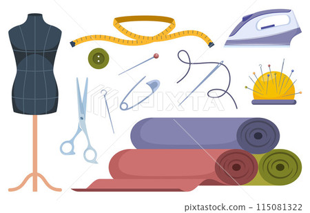 Tailors accessories, supplies and equipment to sew cloth. Dressmaking collection with thread rolls, button, needles, mannequin, scissors, iron. Tailoring studio. 115081322