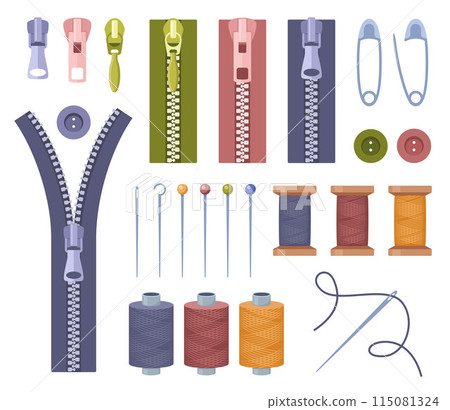 Tailors accessories, supplies to sew cloth. Dressmaking collection with thread rolls, button, needles, zipper, scissors. Tailoring studio. 115081324