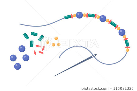 String a bead on thread and making jewelry. Handmade work, creative craft hobby or activity. Making bracelets. Jewelry workshop. Vector. String a bead on thread and making jewelry. Handmade work, creative craft hobby or activity. Making bracelets. Jewelry workshop. Vector. 115081325