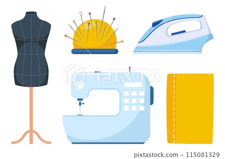 Tailors accessories, supplies and equipment to sew cloth. Dressmaking collection with needles, sewing machine, mannequin, iron. Tailoring studio. 115081329