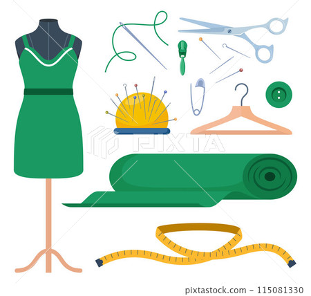 Tailors accessories, supplies and equipment to sew cloth. Dressmaking collection with thread rolls, button, needles, zipper, sewing machine, mannequin, scissors, iron. Tailoring studio. Tailors accessories, supplies and equipment to sew cloth. Dressmaking collection with thread rolls, button, needles, zipper, sewing machine, mannequin, scissors, iron. Tailoring studio. 115081330