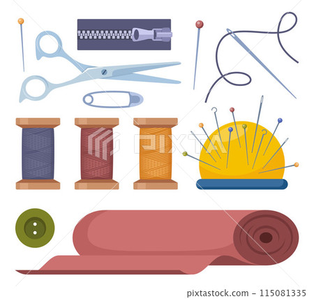 Tailors accessories, supplies to sew cloth. Dressmaking collection with thread rolls, button, needles, zipper, scissors. Tailoring studio. 115081335