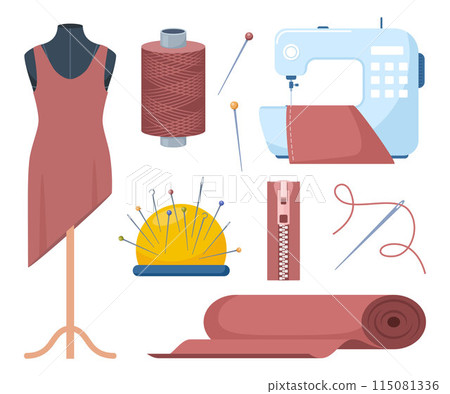 Tailors accessories, supplies and equipment to sew cloth. Dressmaking collection with thread rolls, button, needles, zipper, sewing machine, mannequin, scissors, iron. Tailoring studio. 115081336
