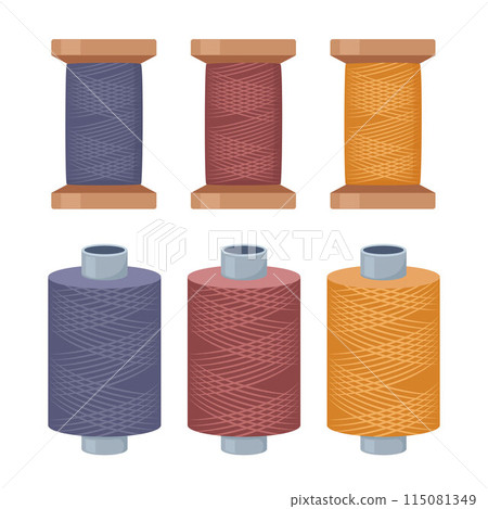 Spools of thread, set. Equipment for Dressmakers. Tailors accessories, supplies to sew cloth. Vector. 115081349