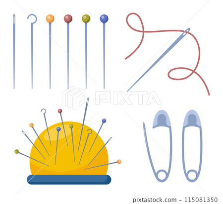 Sewing Needles collection, equipment for Tailor. Sewing pin set. Tailors accessories, supplies to sew cloth. 115081350