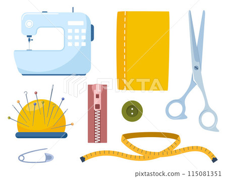 Tailors accessories, supplies and equipment to sew cloth. Dressmaking collection with button, needles, zipper, sewing machine, measuring tape, scissors. Tailoring studio. Tailors accessories, supplies and equipment to sew cloth. Dressmaking collection with button, needles, zipper, sewing machine, measuring tape, scissors. Tailoring studio. 115081351