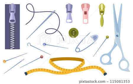 Tailors accessories, supplies to sew cloth. Dressmaking collection with thread rolls, button, needles, zipper, scissors. Tailoring studio. 115081353