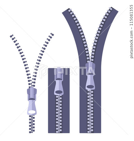 Colored zippers, open and closed. Colorful zipper, fashion fastener, lock zip clothes fashionable metal puller clothing design. 115081355