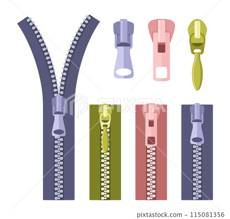 Colored zippers, open and closed. Colorful zipper, fashion fastener, lock zip clothes fashionable metal puller clothing design. Colored zippers, open and closed. Colorful zipper, fashion fastener, lock zip clothes fashionable metal puller clothing design. 115081356