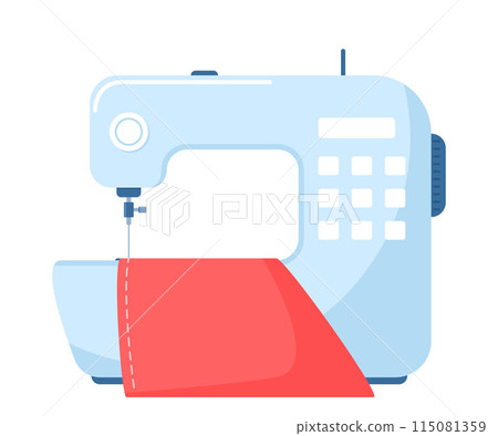 Modern sewing machine and piece of fabric with stitching. Handmade equipment for dressmaking. Accessory for sewing. Vector illustration. Modern sewing machine and piece of fabric with stitching. Handmade equipment for dressmaking. Accessory for sewing. Vector illustration. 115081359