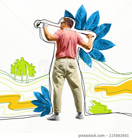 Poster. Contemporary art collage. Golfer posing confidently with golf club against abstract background with blue leaves and dynamic lines. Poster. Contemporary art collage. Golfer posing confidently with golf club against abstract background with blue leaves and dynamic lines. 115081681
