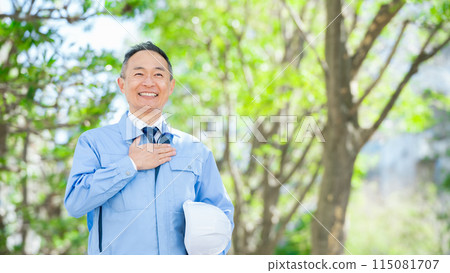 Men in work clothes, helmets, leave it to us Men in work clothes, helmets, leave it to us 115081707