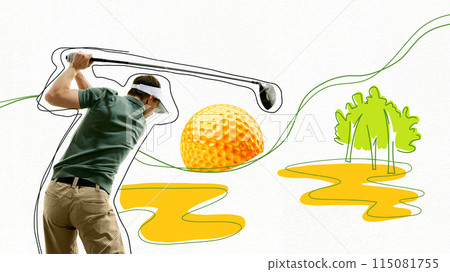 Poster. Contemporary art collage. Golfer swings club, facing large, vibrant orange golf ball and green trees in background. Abstract drawn course. Poster. Contemporary art collage. Golfer swings club, facing large, vibrant orange golf ball and green trees in background. Abstract drawn course. 115081755