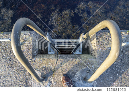 Emergency ladder into the sea at coastal harbour Emergency ladder into the sea at coastal harbour 115081953