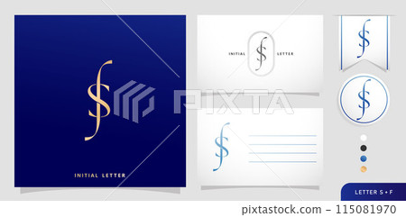 set of business cards with the letter SF or FS Luxury Initials Letter F and S Logos Designs in Blue Colors for branding ads campaign, letterpress, embroidery, covering invitation, envelope sign symbol 115081970