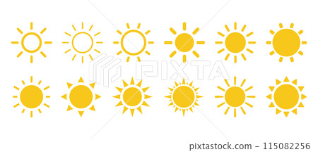 Yellow simple sun, hot summer weather symbol, heatstroke caused by sunlight, vector icon illustration material Yellow simple sun, hot summer weather symbol, heatstroke caused by sunlight, vector icon illustration material 115082256
