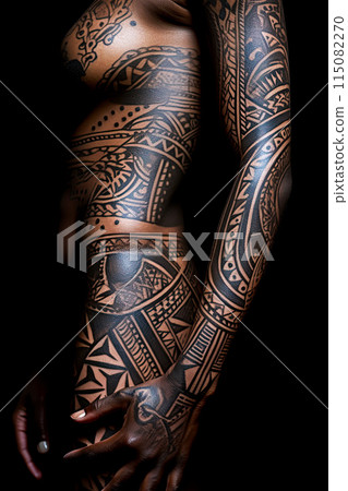 Nude woman with full body tribal tattoos.... - Stock Illustration