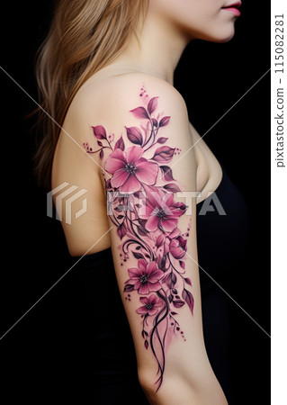 Woman with colorful floral tattoo on her arm. Generative Ai Woman with colorful floral tattoo on her arm. Generative Ai 115082281