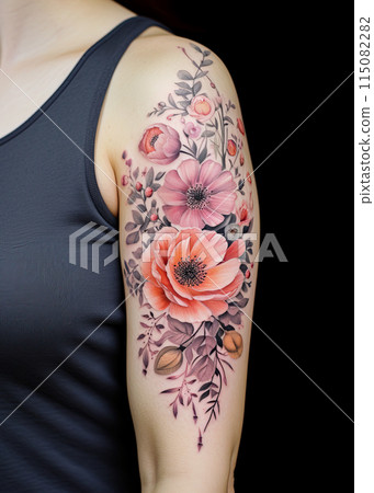 Woman with colorful floral tattoo on her arm. Generative Ai 115082282