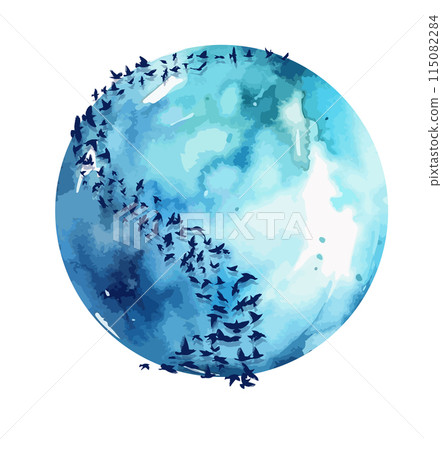 Blue planet with flying pigeons. Flock of flying birds. hand drawing. Not AI, Vector illustration 115082284
