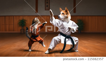 A dog and a cat dressed in martial arts uniforms practicing karate in a dojo. AI generated 115082357