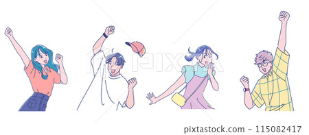 Anime-style young male and female students vigorously posing their fists 115082417