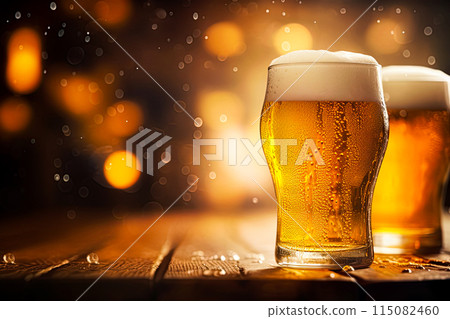 Beer on a rustic wooden table in a bar on blurred bokeh background. Generative Ai image 115082460