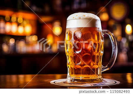 Beer mug on a rustic wooden table in Irish pub. Generative Ai image Beer mug on a rustic wooden table in Irish pub. Generative Ai image 115082493