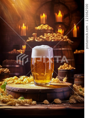 Pint of cold beer and barley on a wooden barrel in a vintage beer cellar. Generative Ai Pint of cold beer and barley on a wooden barrel in a vintage beer cellar. Generative Ai 115082500