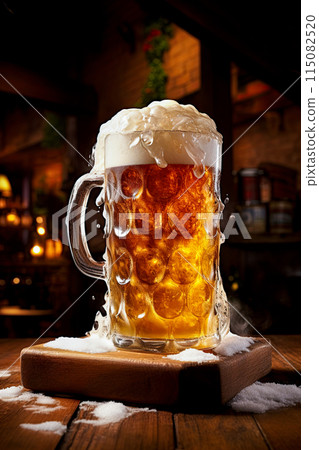 Beer mug overflowing with foam on a rustic wooden table in a pub. Generative Ai image 115082520