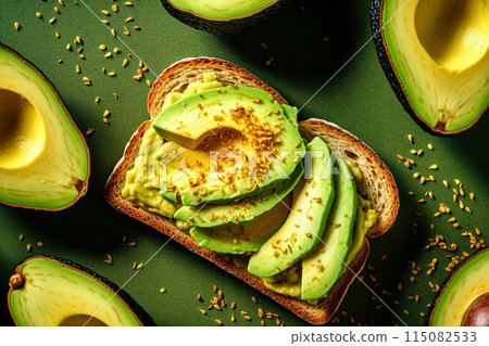 Avocado sandwich. Flat lay. Top view. Generative Ai 115082533