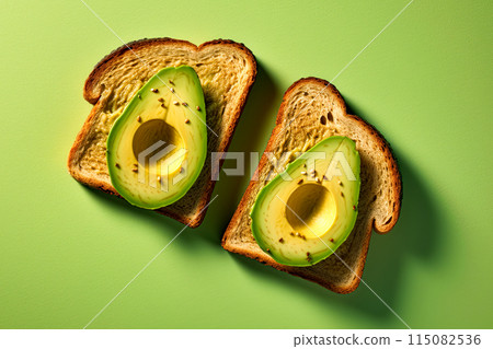 Avocado sandwich on green background. Flat lay. Top view. Generative Ai Avocado sandwich on green background. Flat lay. Top view. Generative Ai 115082536