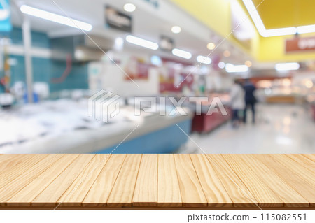 Empty wood table top with supermarket blurred background for product display Empty wood table top with supermarket blurred background for product display 115082551