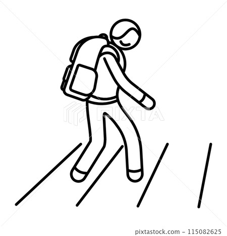 Stick figure liner icon, schoolchildren with backpack on pedestrian crossing, street zebra. Safe crossing of roadway for pedestrians. Traffic safety on roads. Isolated vector on white background Stick figure liner icon, schoolchildren with backpack on pedestrian crossing, street zebra. Safe crossing of roadway for pedestrians. Traffic safety on roads. Isolated vector on white background 115082625