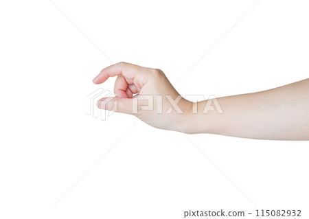 Woman hand gesture holding something isolated on white background Woman hand gesture holding something isolated on white background 115082932