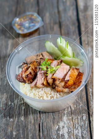 steamed rice topped with chicken steamed rice topped with chicken 115083120