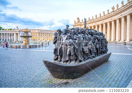 The Angels Unawares statue in Saint Peters Square, Vatican City. The bronze sculpture depicts a group of people of diverse backgrounds, symbolizing the idea of welcoming the stranger. The Angels Unawares statue in Saint Peters Square, Vatican City. The bronze sculpture depicts a group of people of diverse backgrounds, symbolizing the idea of welcoming the stranger. 115083220