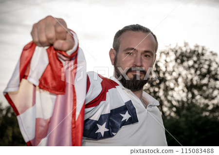 Patriot hipster man holding emotionally american USA flag. 115083488