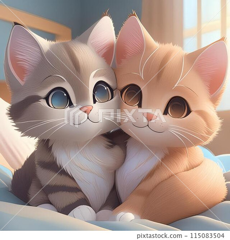 Two friendly cats clinging to each other lovingly 115083504