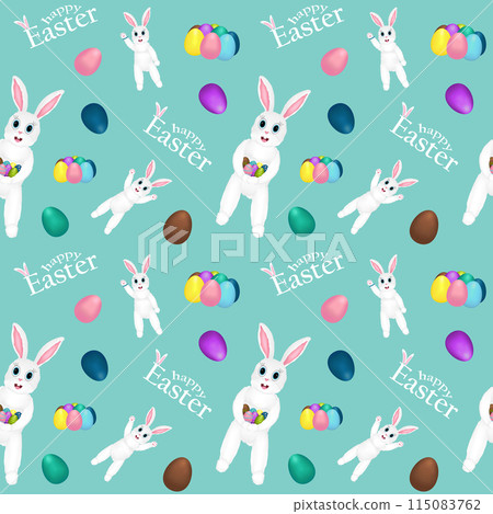 Hare with decorated eggs in his paws, Easter eggs. Happy Easter inscription. Hare with decorated eggs in his paws, Easter eggs. Happy Easter inscription. 115083762