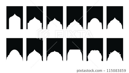 Arabic shapes windows and arches traditional ornament. Set of Islamic shape window frame in retro boho color. Vector 115083859